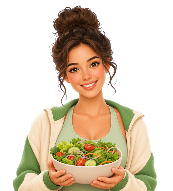 NutriMind kullanan bir kadın, elinde sağlıklı bir salata kasesi